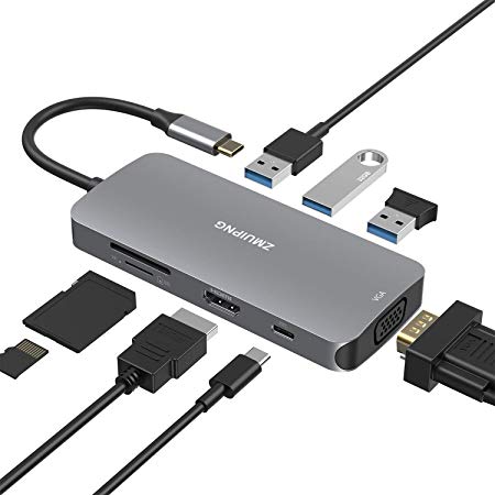 USB C Hub, 8 in 1 Type C Hub Adapter with 4K HDMI, SD/TF Card Reader, 87W Power Delivery, 3 USB 3.0 and VGA Ports for MacBook/MacBook Pro/Air 2016/2017/2018/2019, Chromebook and More