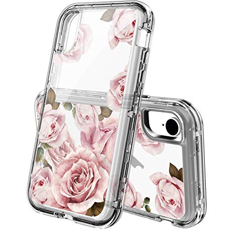 ACKETBOX iPhone Xr Cases，Heavy Duty Hybrid Impact Defender Clear Design Floral for Girls and Women Hard Three Layer Full Body Shockproof Protective Cover for iPhone Xr(Flower-07)