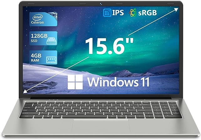 SGIN 15.6 Inch Laptop, 4GB DDR4 128GB SSD, Intel Celeron Quad-Core Processor, Windows 11 Laptop with IPS FHD Display, 2.4/5.0G WiFi, Bluetooth4.2, USB 3.0 * 2, Type-C, Expandable Storage 512GB TF