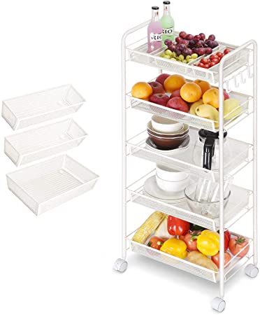 5-Tier Utility Rolling Cart with 4 Side Hook and 3 Organizer Tray, Mesh Wire Mobile Storage Trolley Cart with Lockable Wheel, Multifunction Service Cart for Home, Office, Kitchen (Off White)