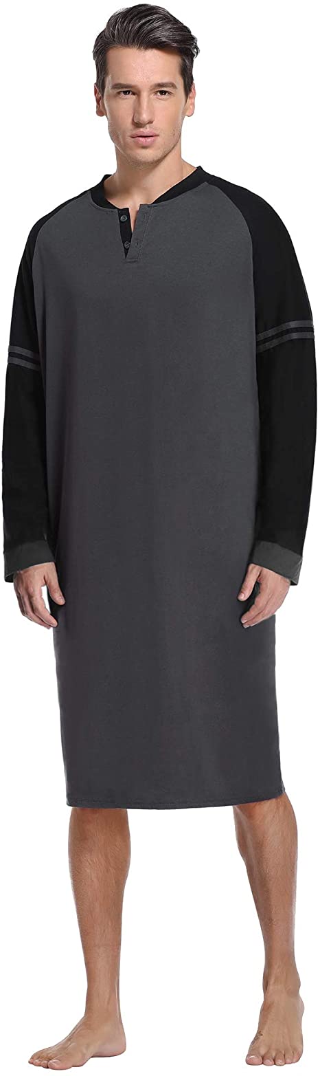 Aibrou Mens Nightshirt Cotton Nightwear Comfy Long Sleeve Henley Sleepwear