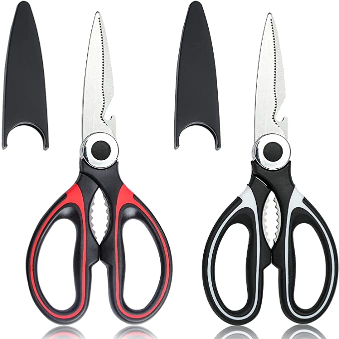 2Pcs Kitchen Scissors Heavy Duty Kitchen Shears Sharp Multi-Function Stainless Steel Kitchen Scissor with Cover for Chicken Meat Poultry Herbs BBQ Fish Vegetables (Black/Red)