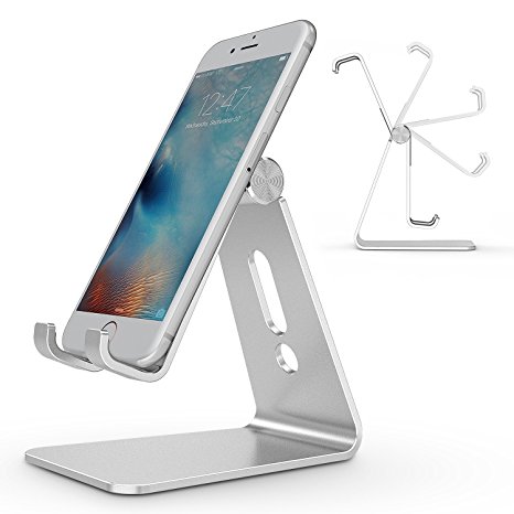 Adjustable Cell Phone Stand, OMOTON Aluminum Desktop Cellphone Stand with Anti-Slip Base and Convenient Charging Port, Fits All Smart Phones, Silver