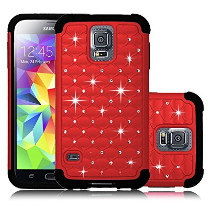 Galaxy S5 Case, Venoro Diamond Studded Bling Crystal Rhinestone Dual Layer Hybrid Cover Silicone Rubber Hard Case for Samsung Galaxy S5 I9600 (Verizon, AT&T Sprint, T-mobile) (Red)