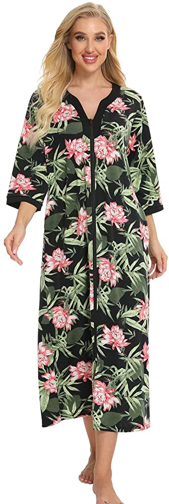 Bloggerlove House Dresses for Womens Robe Long Zip Up House Coat Half Sleeve Night Gowns Comfy Sleepwear Print Loungewear