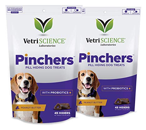 VetriScience Laboratories – Pinchers, Pill Hiding Dog Treats with Probiotics, Organic Peanut Butter, 45 Hiders, (2 Pack)