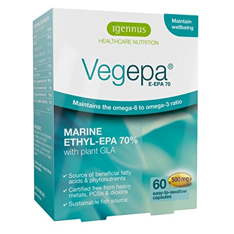 Vegepa Omega-3 EPA and Omega-6 fish oil supplement with virgin evening primrose oil, 560 mg EPA with GLA for optimal omega-3-6 balance, pharmaceutical grade, clinically proven formula, 60 capsules