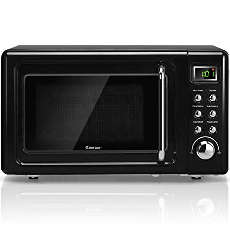 Costway Retro Countertop Microwave Oven, 0.7Cu.ft, 700-Watt, Cold Rolled Steel Plate, 5 Micro Power, Defrost & Auto Cooking Function, Delayed Start Function, with Glass Turntable & Viewing Window, LED Display, Child Lock (Black)