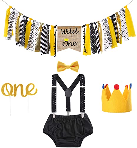 Boy First Birthday Outfit and Decorations - 1st Birthday Cake Smash Outfit and Birthday Banner, Crown, Cake Toppers Party Supplies Set (Yellow   Black Polka Dots)