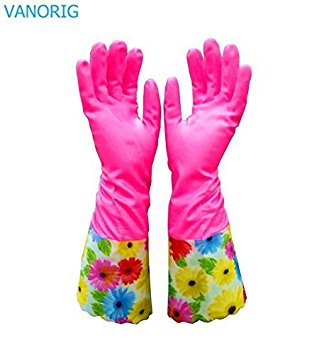 Deluxe Cleaning Glove Kitchen Gloves VANORIG® Thickening PU Waterproof Dishwashing Gloves Household Gloves with Lining ,1 Pair (Flowers-01)