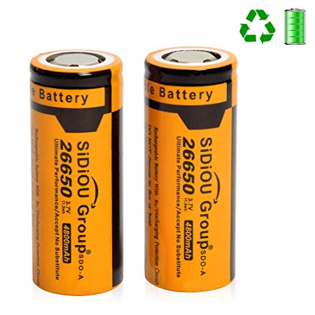 Sidiou Group 26650 Lithium Ion Battery Protected 3.7V 4800mAh Rechargeable Battery for LED flashlight torch (A Set of 2 Pieces)