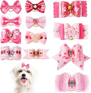 12 Pieces Small Dog Hair Bows,Pink Puppy Bows with Rubber Bands Cute Dog Bows Pet Headdress with Rhinestones Lace Bowknot Grooming Pet Hair Accessories for Puppy Kitten