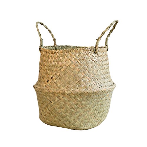 RISEON Natural Seagrass Belly Basket Panier Storage Plant Pot Collapsible Nursery Laundry Tote Bag with Handles (9" (22x20cm))