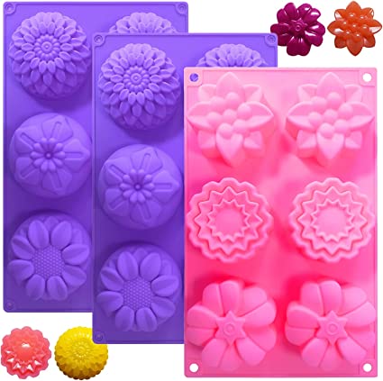 3Pcs 6 Cavities Silicone Flower Soap Cake Mold, Bagvhandbagro Mixed Flower Shapes, Perfect for Cupcake Soap Making, Handmade Cake Chocolate Biscuit, Pudding, Muffin pan