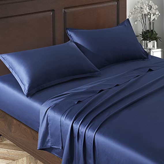 Eikei Solid Color Sheet Set Luxury Bedding Set 400 Thread Count Egyptian Cotton Long Staple Sateen Weave Breathable Silky Soft Pima Premium (Navy Blue, Queen)