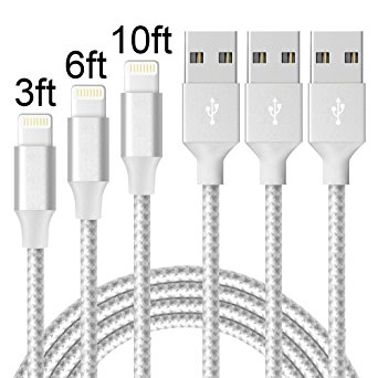 Lightning Cable,ONSON Charger Cables 3Pack 3FT 6FT 10FT to USB Syncing and Charging Cable Data Nylon Braided Cord Charger for iPhone 7/7 Plus/6/6 Plus/6s/6s Plus/5/5s/5c/SE and more (Silver White)