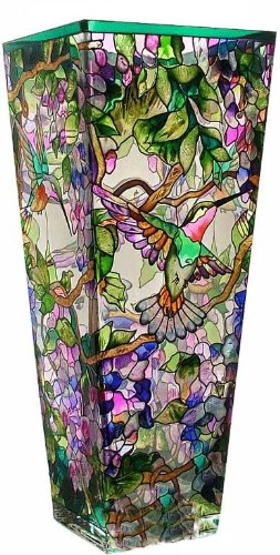 Amia 10-Inch Tall Hand-Painted Glass Vase Featuring Hummingbirds and Wisterias