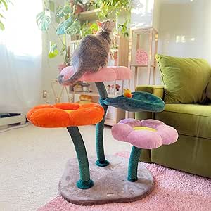 Happy & Polly Flower Cat Tree - Cute Cat Tower with 3 Flower Platforms - Comfy Cat Bed with Scratching Post Luxury Bloomy Cat Tree with Bee Hanging Ball, Modern Home Decoration, Easy Assembly