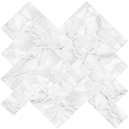 In Home NH2358 Carrara Herringbone Carrera Peel & Stick Backsplash Tiles, White & Off-White