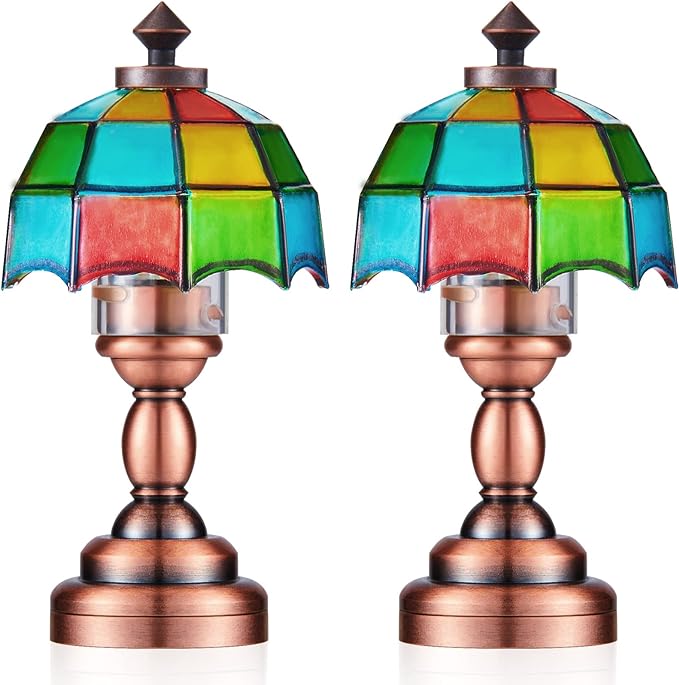 2 Pieces Dollhouse Miniature Lamp LED Desk Lamp Mini Light Dollhouse Decoration Accessories Battery Operated with ON/Off Switch and Lamp Shade (Colorful Lamp)