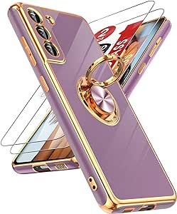 LeYi for Samsung Galaxy S21 FE 5G Case with Tempered Glass Screen Protector [2 Pack] 360° Rotatable Ring Holder Magnetic Kickstand, Plating Rose Gold Edge Protective Case, Purple