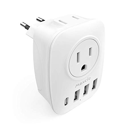 European Travel Plug Adapter, Maxcio European Plug Adapter with 2 American Outlets 1 USB-C and 3 USB Port, 6 in 1 International Power Adaptor for Europe Type C Country Spain Italy Iceland (1 Pack)