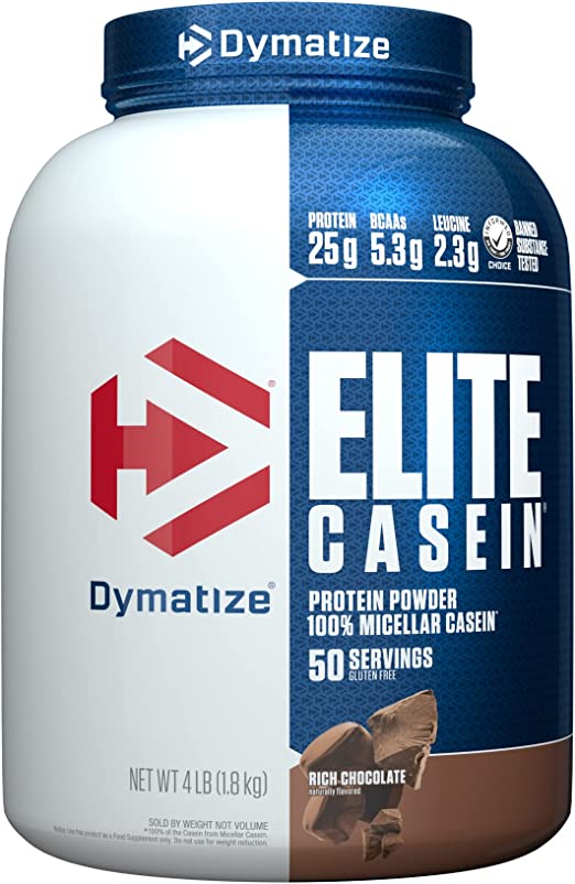 Dymatize Elite Casein Protein Powder, Slow Absorbing with Muscle Building Amino Acids, 100% Micellar Casein, 25g Protein, 5.4g BCAAs & 2.3g Leucine, Helps Overnight Recovery, Rich Chocolate, 4 Pound