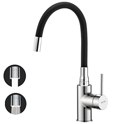 ALTON Brass Single Lever Kitchen Sink Mixer with 360 Swivel Flexible Spout, Black and Chrome (Dual Flow)