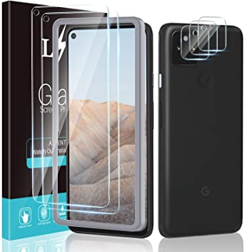 [2 3 Pack] LϟK for Google Pixel 5a 5G [Not for Pixel 5], 2 Pack Tempered Glass Screen Protector   3 Pack Camera Lens Protector, Tempered Glass, Case Friendly, Installation Tray -Gray