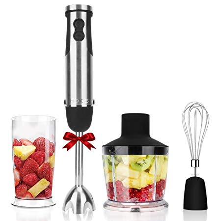 KOIOS 4 in 1 Immersion Hand Blender Powerful 400 Watt 6-Speed Includes Chopper, Whisk, BPA Free Mixing Beaker, for Soups, Smoothie, Baby Food - Stainless Steel