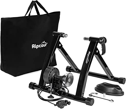 Alpcour Bike Trainer Stand - Portable Stainless Steel Indoor Trainer w/Magnetic Flywheel, Noise Reduction, 6 Resistance Settings, Quick-Release & Bag - Stationary Exercise for Road & Mountain Bikes