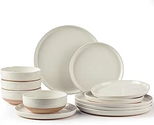 AmorArc Ceramic Dinnerware Sets for 4, 12 Pieces Handpainted Plates and Bowls Set withRustic Terracptta Underside, Scratch Resistant Stoneware Dishes Set, Dishwasher & Microwave Safe, Light Beige