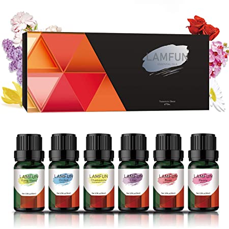 Essential Oils Set, LamFun Floral Essential Oils Gift Kit for Diffuser, Massage and DIY, 100% Pure & Natural - Lilac, Rose, Peony, Ylang Ylang, Orchid, Chamomile Essential Oils, 6 x 10 ml