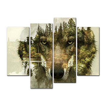 4 Pieces modern Canvas Painting Wall Art The Picture For Home Decoration Wolf Pine Trees Forest Water Wolf Animal Print On Canvas Giclee Artwork For Wall Decor