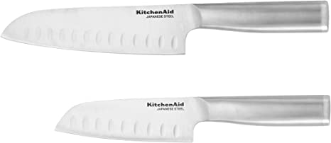 KitchenAid Gourmet 2 Piece Forged Santoku Knife Set with Custom-Fit Blade Covers, 5-inch, 7-inch, Sharp Kitchen Knives, High-Carbon Japanese Stainless Steel Blades, Brushed Stainless Steel Handle