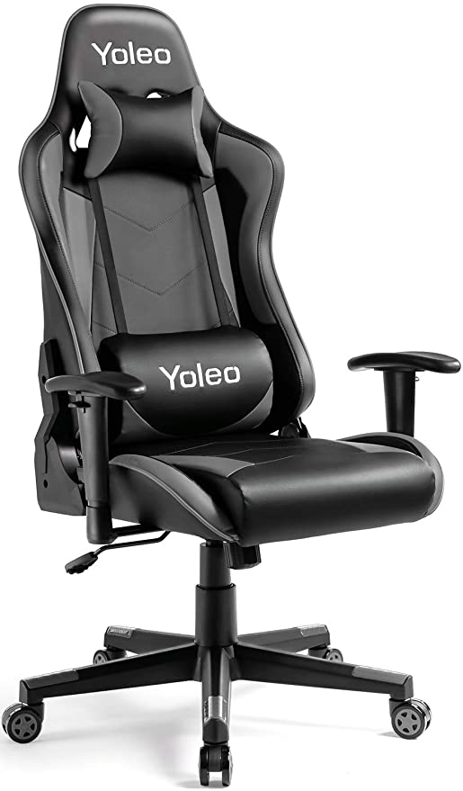 Gaming Chair - Yoleo Ergonomic Office Gamer Chair High Back, Computer Gaming Chair Backrest & Seat Height Adjustment, Executive Racing Swivel Desk Chair with Lumbar Support & Headrest - Black/Grey