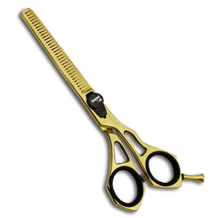 Facón Professional Razor Edge Salon Barber Hair Thinning Scissors/Shears - 6" Overall Length with Tension Screw - Japanese Stainless Steel - Gold and Black Limited Edition - Leather Gift Case