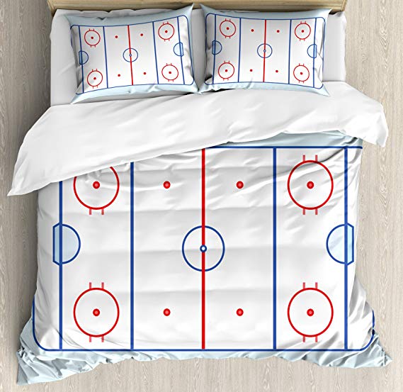 Ambesonne Hockey Queen Size Duvet Cover Set, Ice Hockey Field in Blue Tones and Red Graphic Outline for Sport Events, Decorative 3 Piece Bedding Set with 2 Pillow Shams, Blue Red Pale Blue