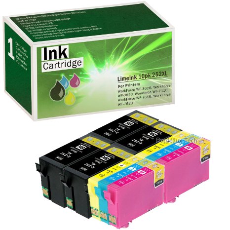 Limeink 10 Pack Remanufactured 252XL Ink Cartridges (4 Black, 2 Cyan, 2 Magenta, 2 Yellow) Set Use for Epson WorkForce WF-3620 WF-3640 Wf-7110 WF-7610 WF-7620 Series T254 T252 252 Printers