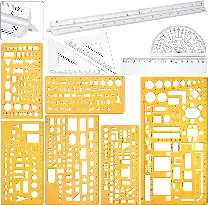 11 Pcs Plastic Drawing Template Ruler Geometric Drawing 12 Inch Triangular Aluminum Architect Scale Measuring Templates Building Geometric Kit Plastic Ruler for Drafting (Yellow, Simple Style)