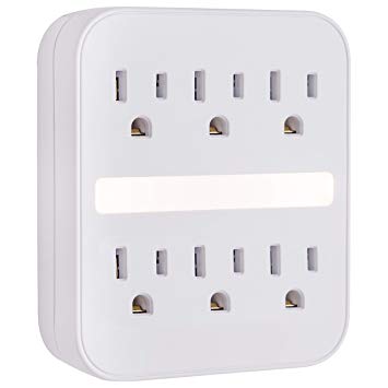 GE Pro 6 Outlet Surge Protector Wall Adapter with Light Sensing Night Light, Charging Station, 440 Joules Protection Rating, Automatic Shutdown, White, 41626