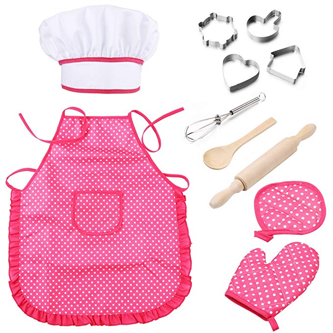 Mansalee Kids Cooking and Baking Set-11 Pcs Includes Apron for Little Girls, Chef Hat, Mitt & Utensil for Toddler Dress Up Chef Costume Career Role Play