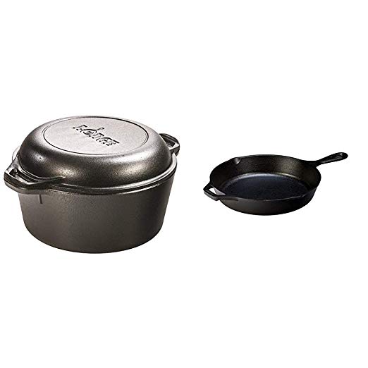 Lodge 4.73 Litre / 5 Quart Pre-Seasoned Cast Iron Double Dutch Oven (with Loop Handles) & 26.04 cm / 10.25 inch Cast Iron Round Skillet/Frying Pan