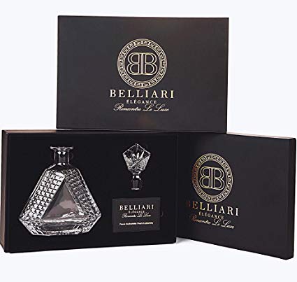 BELLIARI - Crystal Whiskey Decanter With Elegant Designer Gift Box - Diamond Whiskey Decanters - Fathers Day Gifts - 750ml Personalized Decanter For Liquor, Bourbon, Whisky, Scotch With Glass Stopper