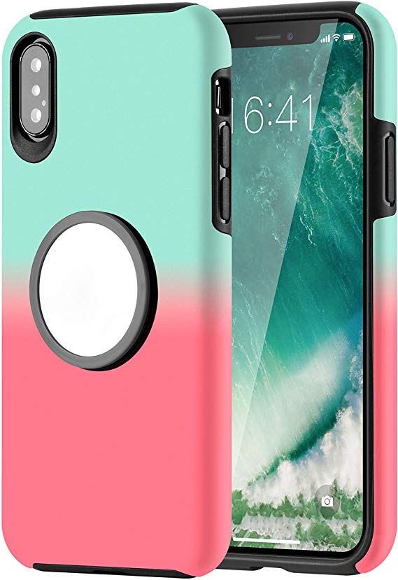 Muntinfe iPhone Xs Case, iPhone X/10 Case with Kickstand, Cute Gradient Anti-Scratch Dual Layer Hybrid Shockproof Protective Case with Iron Mirror [Fit Magnetic Mount] for iPhone Xs/X/10 (Green Pink)