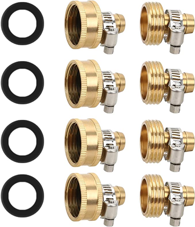 STYDDI Garden Hose Repair Kit, Solid Brass Mender Female and Male Hose Connector with Clamps, Fit All 1/2-Inch Garden Hose, 4 Set