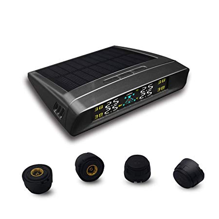 Victor TPMS Tire Pressure Monitoring System Solar Power Smart Wireless Universal Real-time Monitoring Automatic Alarm System Pearl Shell LCD Display with 4 External Sensors(0bar-9bar/0Psi-131Psi)