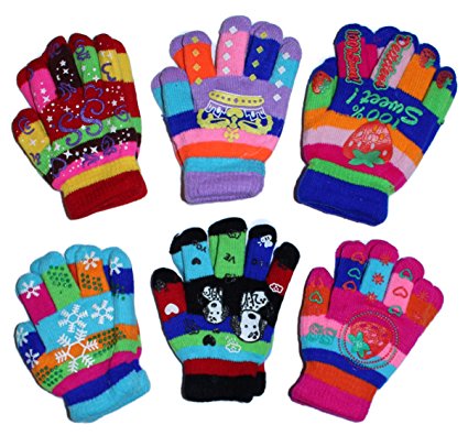 Toddler-Kids Insulated Gloves Children Knit Multi Colors With Rubberized 6 pairs