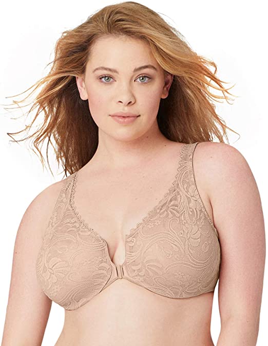 Glamorise Women's Full Figure Plus Size Wonderwire Front Close Stretch Lace Bra #9245