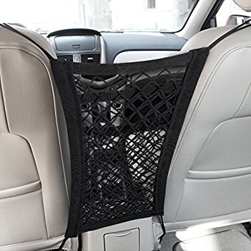 MICTUNING Upgraded 2-Layer Universal Car Seat Storage Mesh/Organizer - Mesh Cargo Net Hook Pouch Holder for Purse Bag Phone Pets Children Kids Disturb Stopper